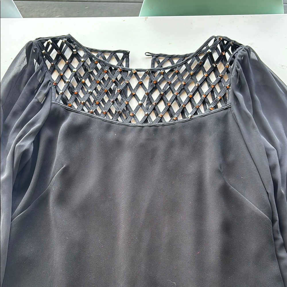 White House Black Market Gray Long Sleeve Cut Out Blouse